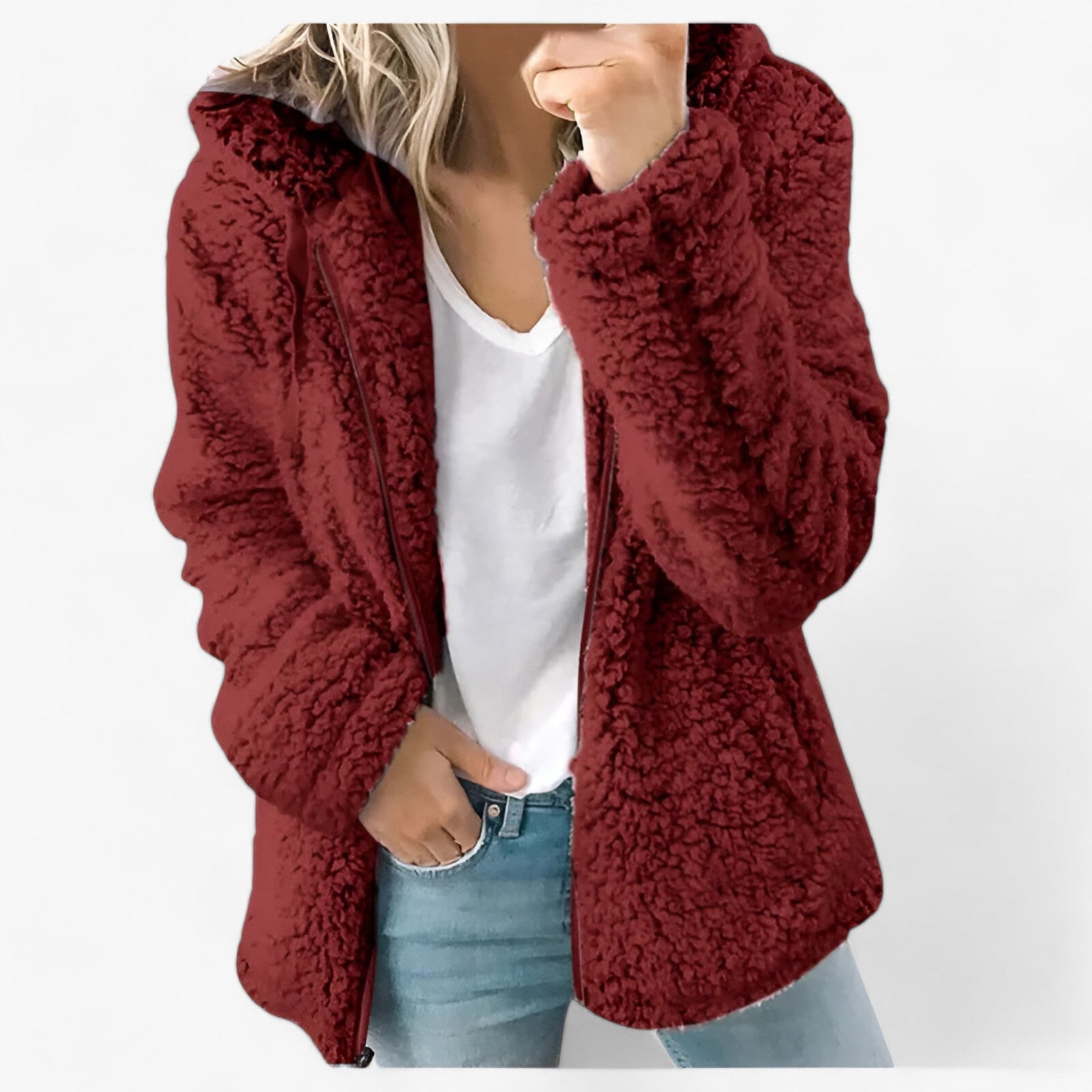 Jacket : Dames Wollen Jas Lichtgrijs met Fleece Voering - Warme Winterjas in Rood van Pantino