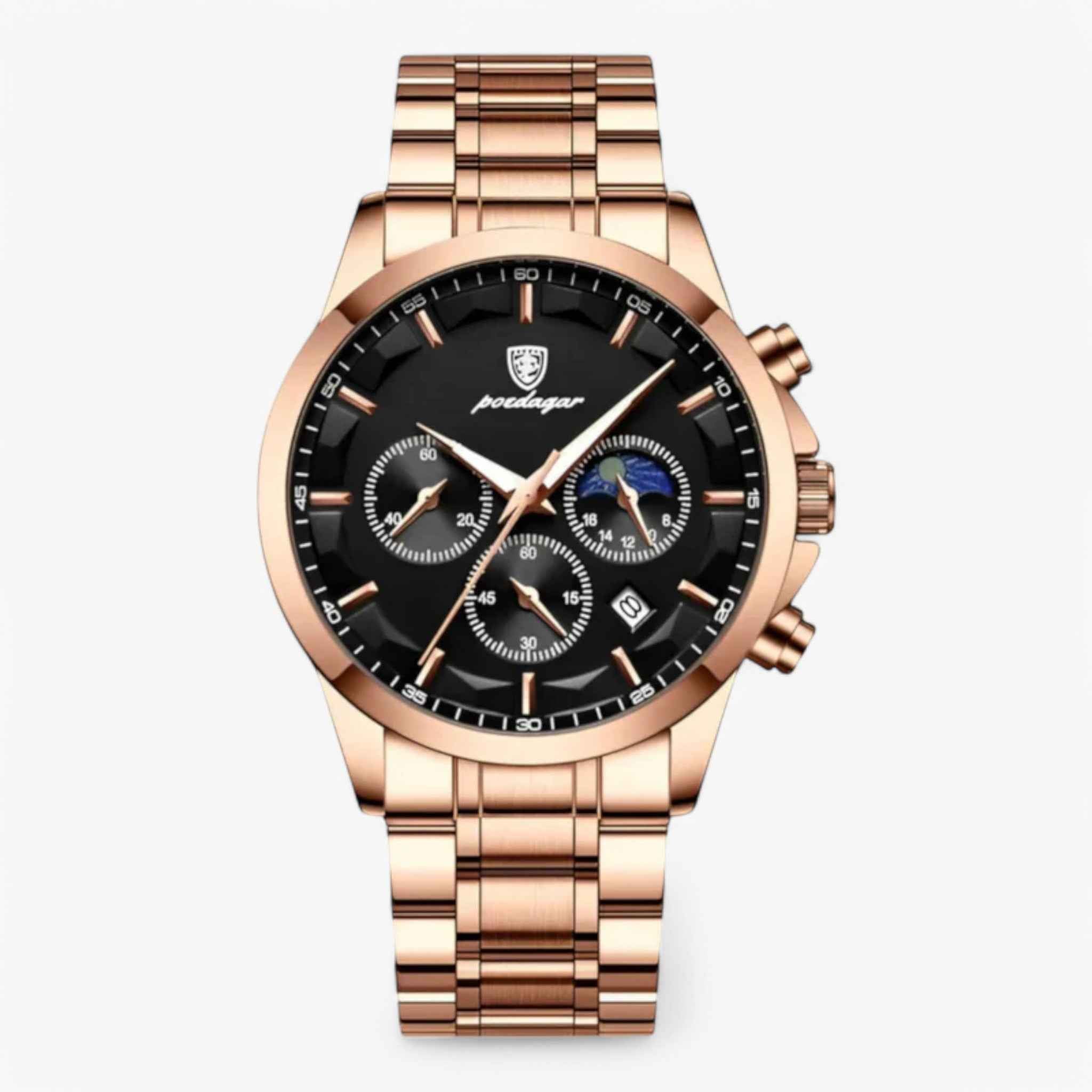 Watch : Horloge Heren Luxe Quartz Zwart, Armband Echt Leer Slank & Elegant - Premium Kwaliteit in Zwart roze goud van Pantinoshop