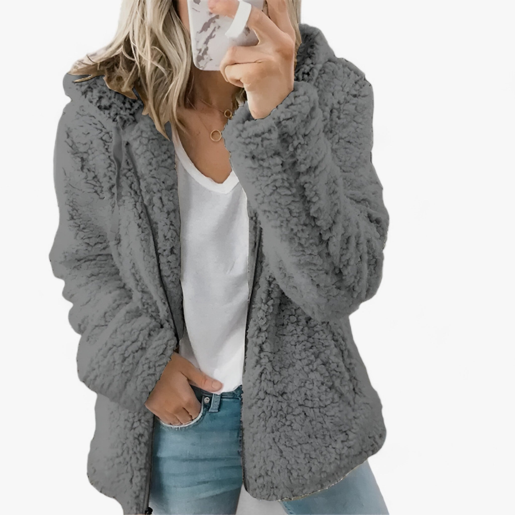 Jacket : Dames Wollen Jas Lichtgrijs met Fleece Voering - Warme Winterjas in Donkergrijs van Pantino