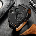 Heren Horloge Zwart - Dual Time Polshorloge met Leren Band & RVS Kast