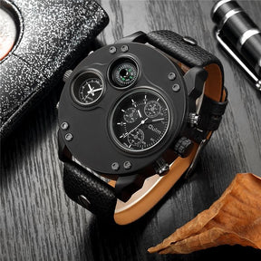 watches : Heren Horloge Zwart - Dual Time Polshorloge met Leren Band & RVS Kast in Zwart van Pantino