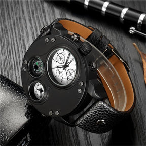watches : Heren Horloge Zwart - Dual Time Polshorloge met Leren Band & RVS Kast in Wit van Pantino
