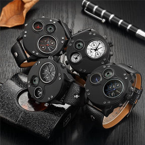 watches : Heren Horloge Zwart - Dual Time Polshorloge met Leren Band & RVS Kast in van Pantino