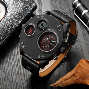 watches : Heren Horloge Zwart - Dual Time Polshorloge met Leren Band & RVS Kast in Rood van Pantino