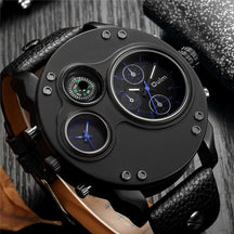 watches : Heren Horloge Zwart - Dual Time Polshorloge met Leren Band & RVS Kast in Blauw van Pantino