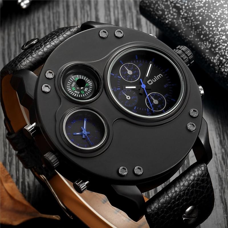 watches : Heren Horloge Zwart - Dual Time Polshorloge met Leren Band & RVS Kast in Blauw van Pantino
