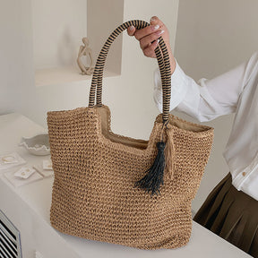 bags : Handgeweven Draagtas Dames - Kwastjesdetail Boho Stijl - Stro in van Pantino