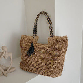 bags : Handgeweven Draagtas Dames - Kwastjesdetail Boho Stijl - Stro in van Pantino