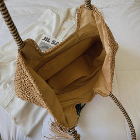 bags : Handgeweven Draagtas Dames - Kwastjesdetail Boho Stijl - Stro in van Pantino