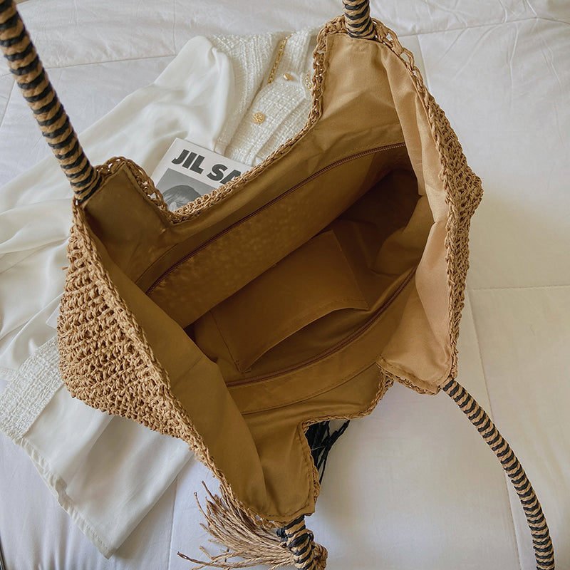 bags : Handgeweven Draagtas Dames - Kwastjesdetail Boho Stijl - Stro in van Pantino