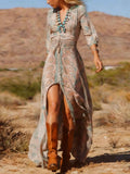 Lange maxi bohemien jurk met Western-stijl print en split