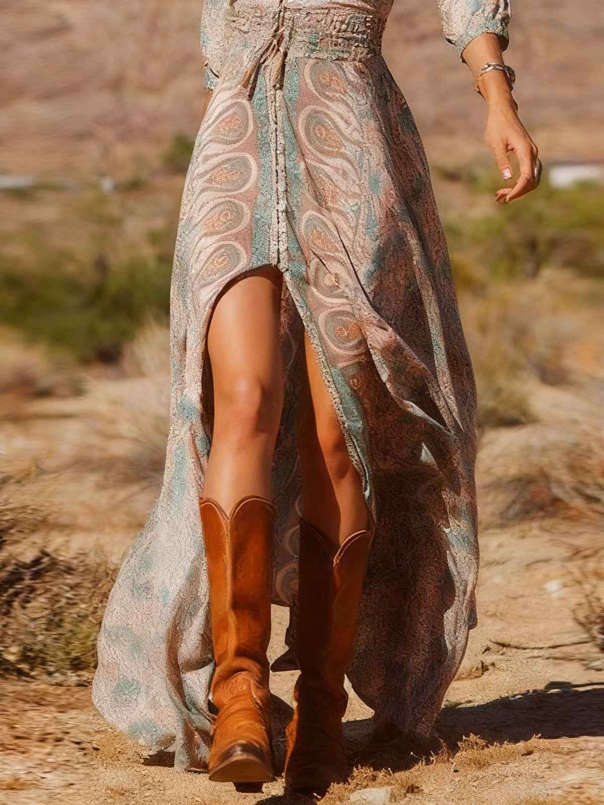 Lange maxi bohemien jurk met Western-stijl print en split