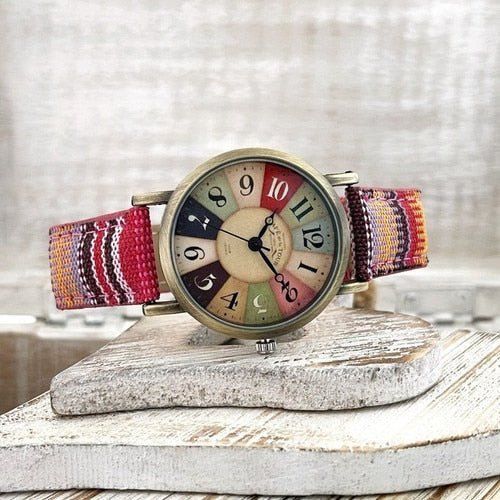 watches : Retro Horloge Blauw - Gekleurde Canvas Band Vintage - Canvas in Rood van Pantino