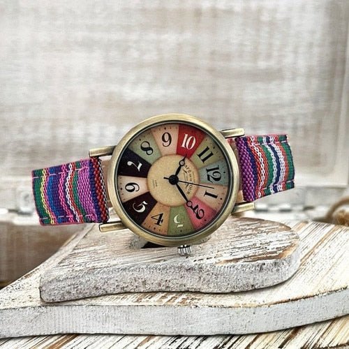 watches : Retro Horloge Blauw - Gekleurde Canvas Band Vintage - Canvas in Paars van Pantino