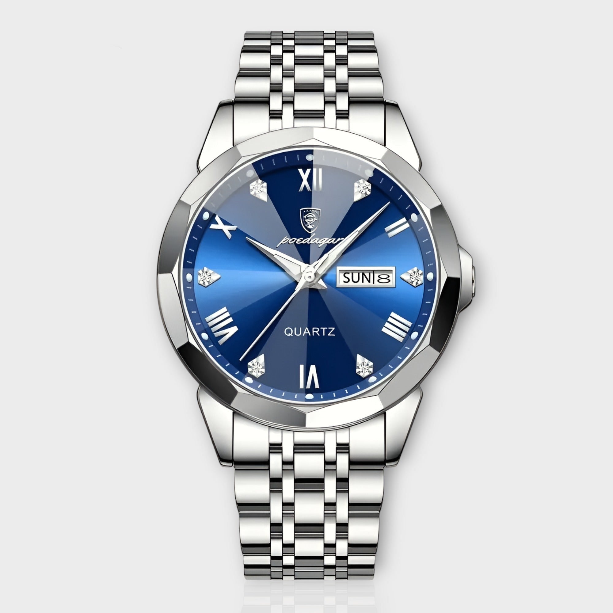 watches : Herenhorloge Zilver RVS 40mm - Klassiek Polshorloge met Datumweergave in Zilver Blauw van Pantino