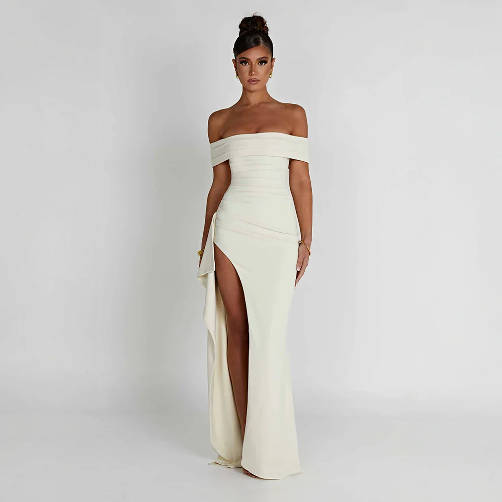 Maxi dresses : Robe Longue Femme Épaules Dénudées & Fente Élégante - Idéale Soirée/Cérémonie in Blanc van Pantino
