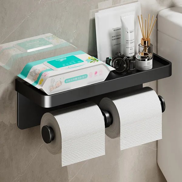 home & garden : Multifunctionele Toiletrolhouder Zilver - Luxe Opbergplank Badkamer - RVS in Duplex Zwart van Pantino