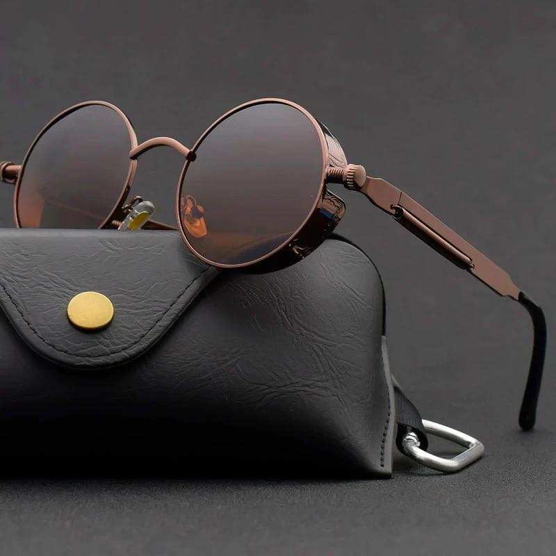 Sunglasses : Steampunk Zonnebril Rond Goud Zwart voor Unisex - UV400 Bescherming, Retro Vintage Stijl in Brons van Pantino