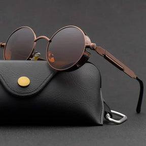 Sunglasses : Steampunk Zonnebril Rond Goud Zwart voor Unisex - UV400 Bescherming, Retro Vintage Stijl in Brons van Pantino