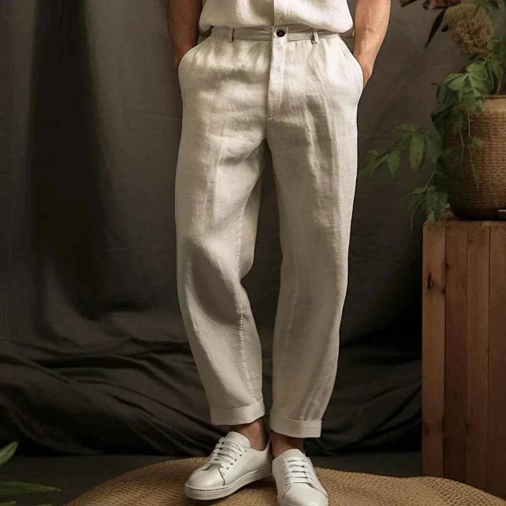 Broeken : Heren Katoenen Zomerbroek - Ruime, Comfortabele Pasvorm in Beige van Pantinoshop