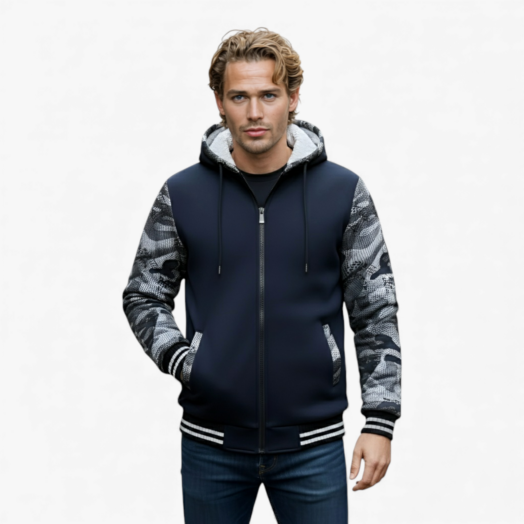 Heren Fleece Jassen : Heren Fleecejack met Capuchon voor Koud Weer - Marineblauw in van Pantino