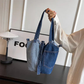 bags : Schoudertas Dames Donkerblauw - Casual Denim Patchwork Design - Denim in van Pantino