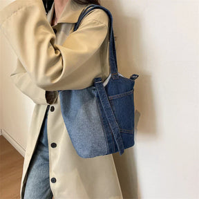 bags : Schoudertas Dames Donkerblauw - Casual Denim Patchwork Design - Denim in Dunkelblauw van Pantino