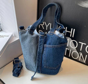 bags : Schoudertas Dames Donkerblauw - Casual Denim Patchwork Design - Denim in van Pantino