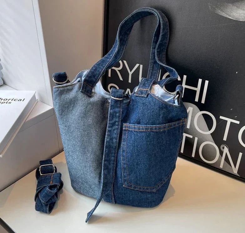 bags : Schoudertas Dames Donkerblauw - Casual Denim Patchwork Design - Denim in van Pantino