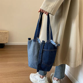 bags : Schoudertas Dames Donkerblauw - Casual Denim Patchwork Design - Denim in van Pantino