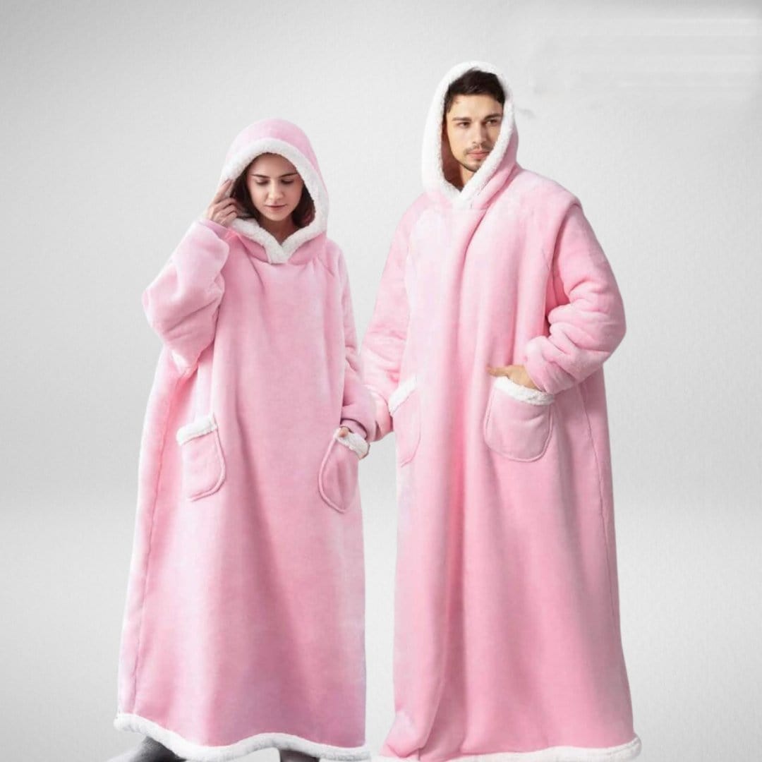 home & garden : Hoodie Deken Fleece Plaid met Mouwen - Donkerblauw in Baby roze van Pantino