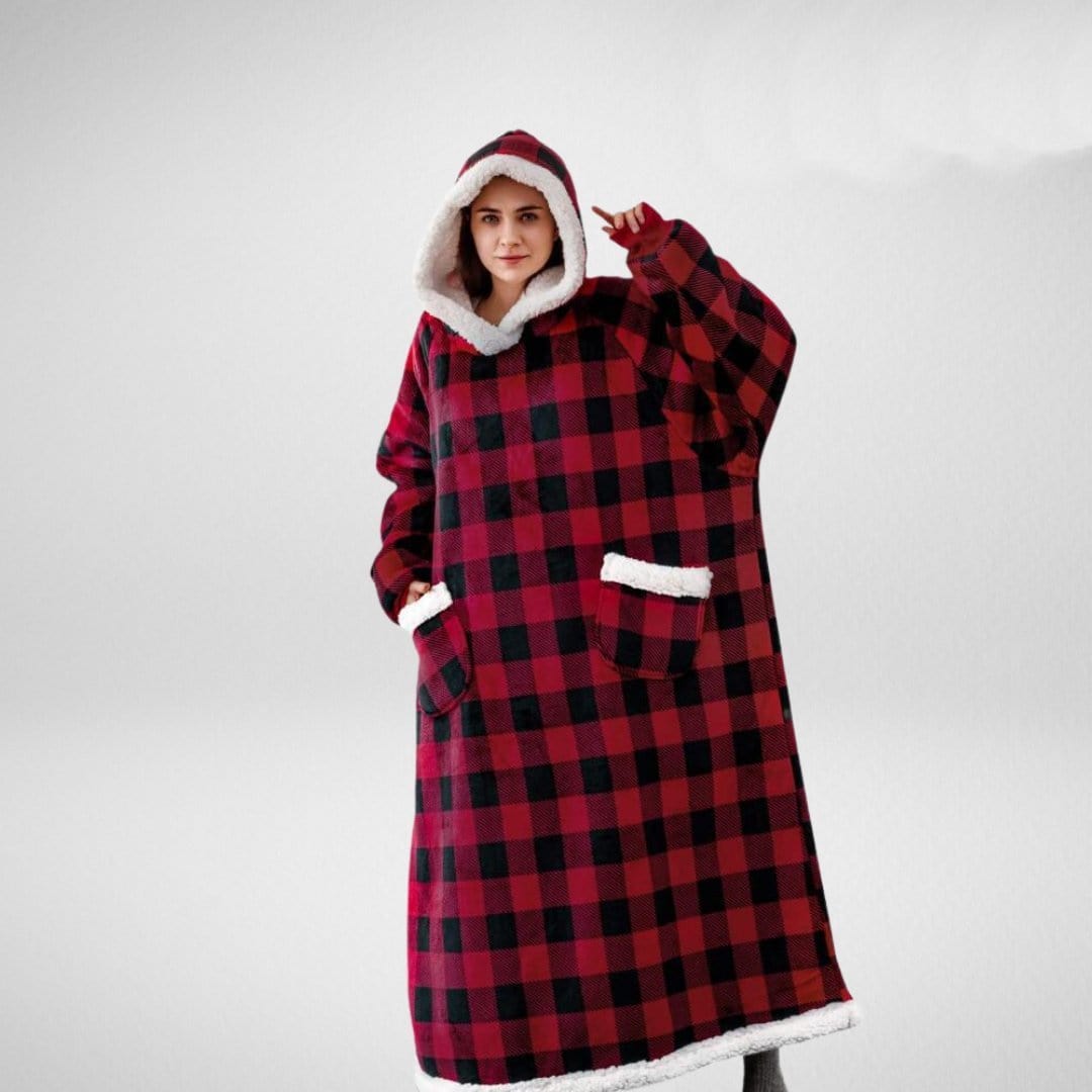 home & garden : Hoodie Deken Fleece Plaid met Mouwen - Donkerblauw in Rood met zwart van Pantino