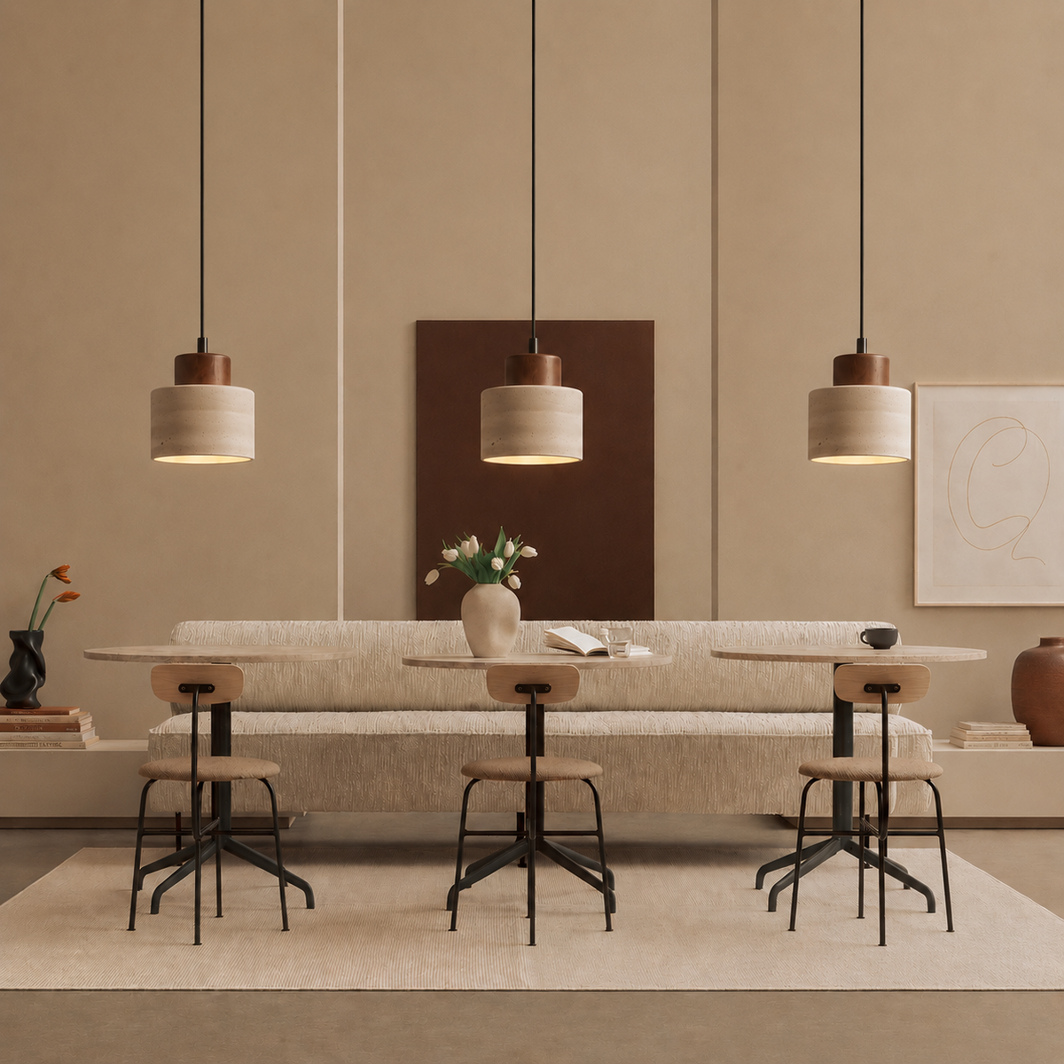 Travertin Hanglamp - Natuursteen & Hout, Dimbaar