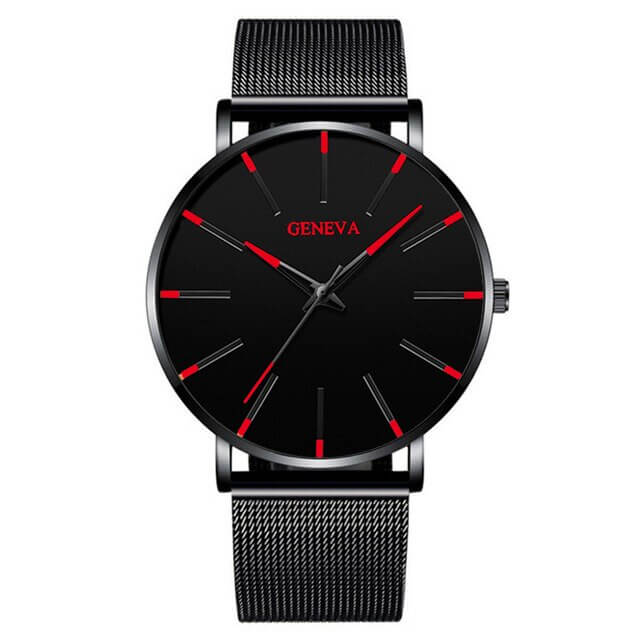 watches : Heren Horloge Zwart Ultra-Dun Quartz - Stijlvol Zakelijk Polshorloge met Leren Band in Zwart Rood van Pantino