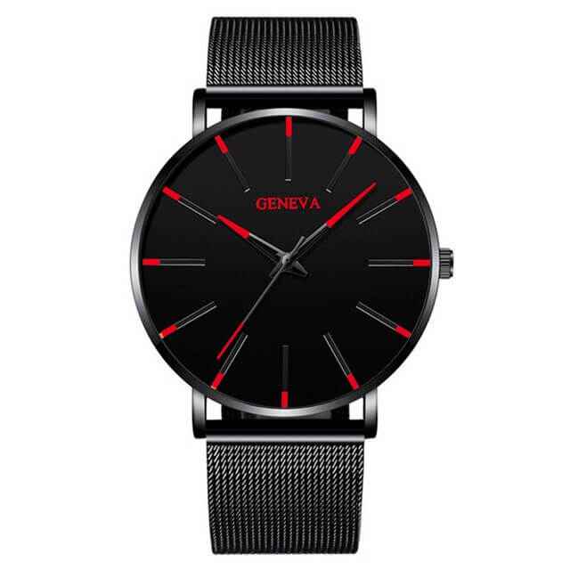 Watch : Montre Homme Geneva Quartz Ultra-Fine Argent Acier Inoxydable Élégante Minimaliste 40mm in Noir Rouge van Pantino
