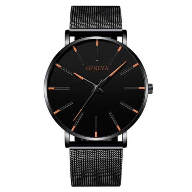 watches : Heren Horloge Zwart Ultra-Dun Quartz - Stijlvol Zakelijk Polshorloge met Leren Band in Zwart Oranje van Pantino