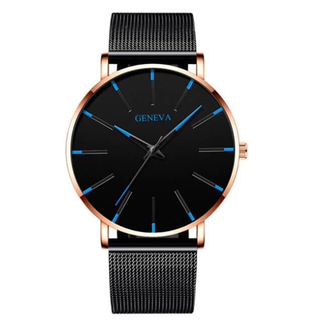 watches : Heren Horloge Zwart Ultra-Dun Quartz - Stijlvol Zakelijk Polshorloge met Leren Band in Blauwe Roos van Pantino