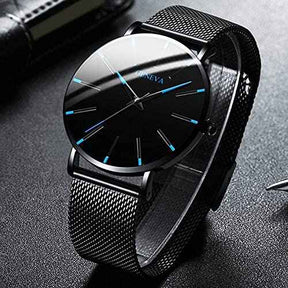 Watch : Montre Homme Geneva Quartz Ultra-Fine Argent Acier Inoxydable Élégante Minimaliste 40mm in Noir Bleu van Pantino