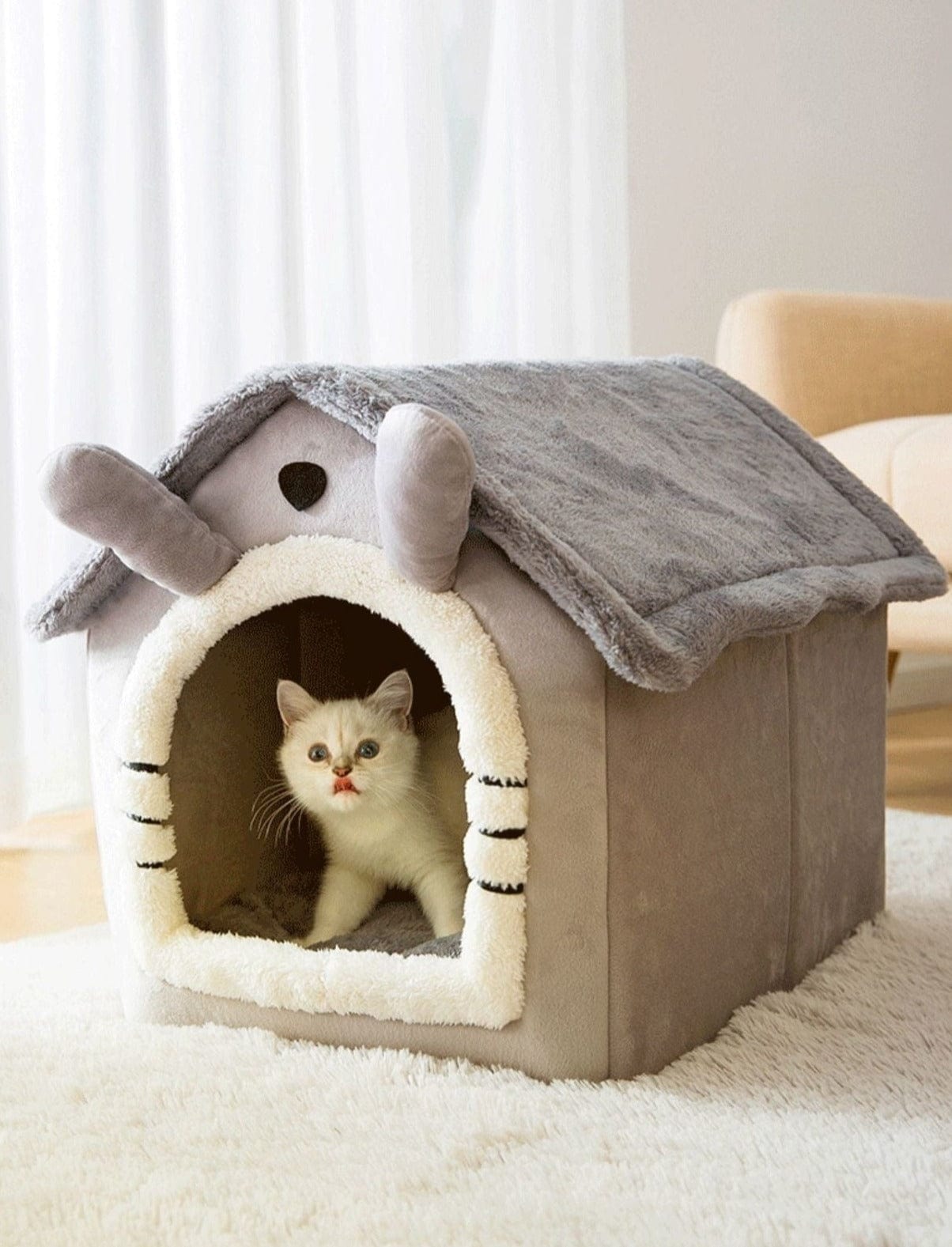 pets : Fluffy Dierenhuisje - Een Cosy & Warme Slaapplek voor Jouw Huisdier - Bruin met Sterren in Grijs van Pantino