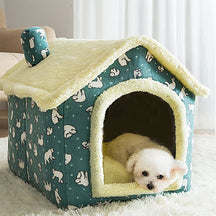 pets : Fluffy Dierenhuisje - Een Cosy & Warme Slaapplek voor Jouw Huisdier - Bruin met Sterren in Groen met wit van Pantino