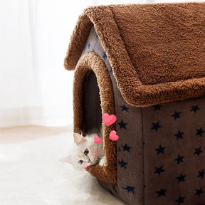 pets : Fluffy Dierenhuisje - Een Cosy & Warme Slaapplek voor Jouw Huisdier - Bruin met Sterren in van Pantino