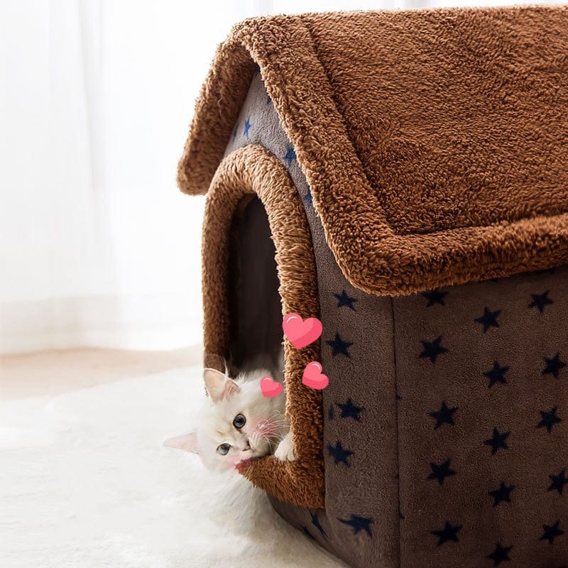 pets : Fluffy Dierenhuisje - Een Cosy & Warme Slaapplek voor Jouw Huisdier - Bruin met Sterren in van Pantino