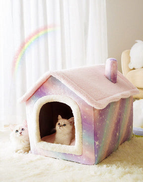 pets : Fluffy Dierenhuisje - Een Cosy & Warme Slaapplek voor Jouw Huisdier - Bruin met Sterren in Roze regenboog van Pantino
