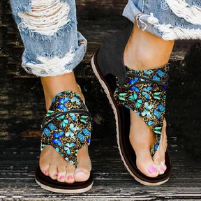 Sandals : Retro Bloemenprint Sandalen Dames - Stijlvolle Sandalen met een Vintage Bloemendesign - Groen in Groen van Pantino