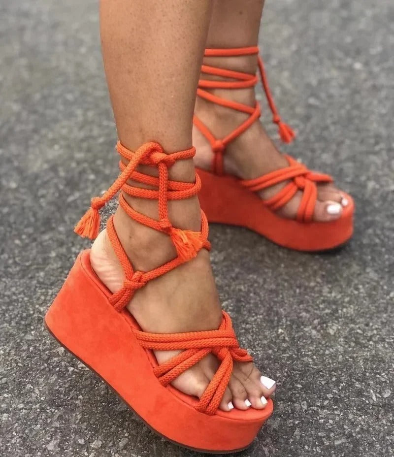 Sandals : Dames Sandalen Zwart Leer - Vintage Retro Stijl - Comfortabel & Elegant in Oranje van Pantino