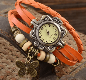 watches : Dames Horloge Rood - Vintage Stijlvol Armband Horloge met Leren Band in Oranje van Pantino