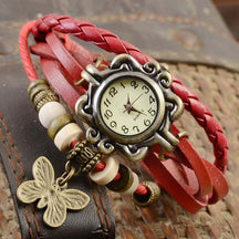 watches : Dames Horloge Rood - Vintage Stijlvol Armband Horloge met Leren Band in Rood van Pantino