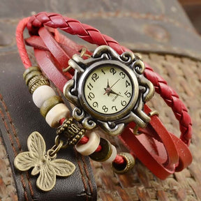 watches : Dames Horloge Rood - Vintage Stijlvol Armband Horloge met Leren Band in Rood van Pantino