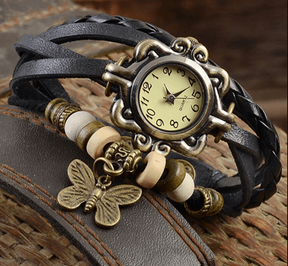 watches : Dames Horloge Rood - Vintage Stijlvol Armband Horloge met Leren Band in Zwart van Pantino