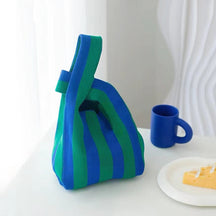 bags : WristBag - Gestreepte Geweven Draagtas Zwarte Koffie in Donkergroen-Blauw van Pantino